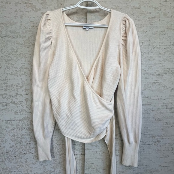 L'Academie Cream Wrap Sweater Sz M Long Waist Tie Puff Long Sleeve Old Money - Picture 1 of 16